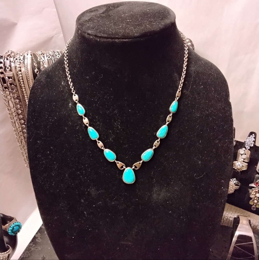 Sterling Silver Signed Whitney Kelly Turquoise Y Drop Pendant Necklace 18 Inch